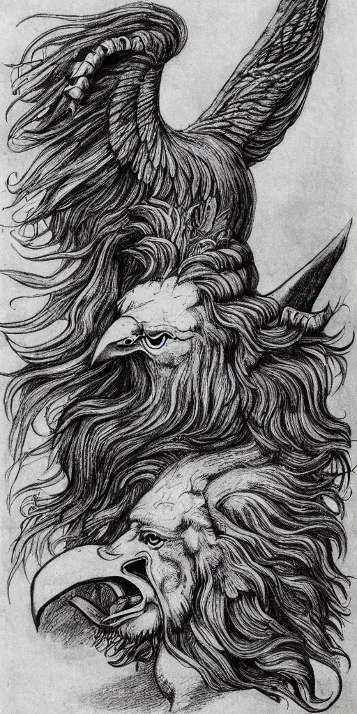 Image similar to human / eagle / lion / ox hybrid. horns, beak, mane, human body. drawn by da vinci