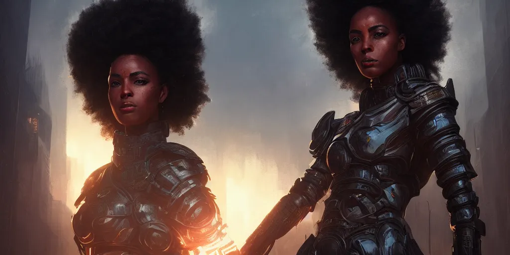 Image similar to 5 5 mm portrait photo of an armored gorgeous aesthetic black woman warrior, wearing glowing armor in afrofuturistic city. art by greg rutkowski. highly detailed 8 k. intricate. lifelike. soft light. nikon d 8 5 0.