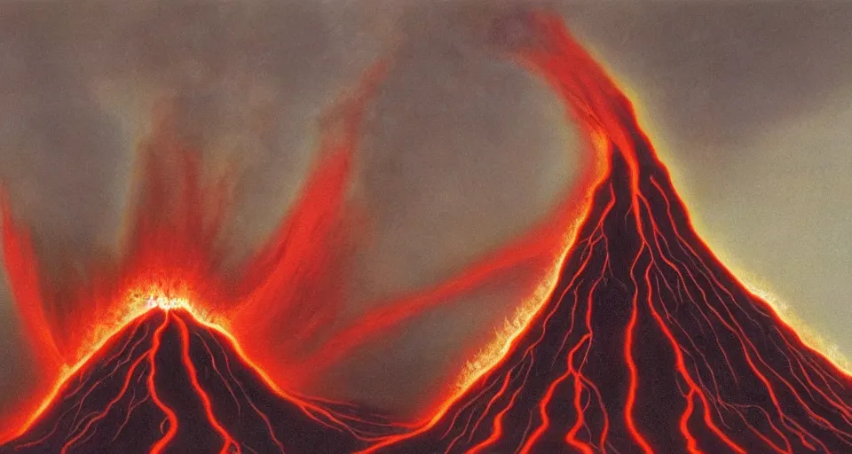 Image similar to a volcano made of ivory vines and crimson rocks enters in eruption, it spits a smoke in the shape of demonic eye, by David A. Hardy