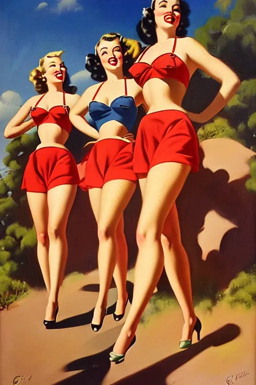 Prompt: 1940s group of pinup bikini girls walking around 1940s Adelaide, in Australia, oil painting, by Gil Elvgren