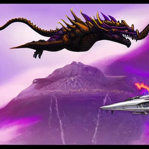 Prompt: a purple dragon fighting a retrofuturistic spaceship with a volcano in the background, concept art by ken steacy