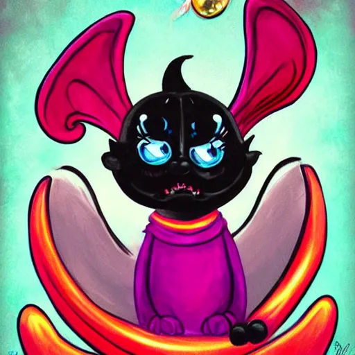 Prompt: a very sad puppy with a angel wings, a very happy villain cat with devils horns, illustration, drawing, vibrant, colorful, disney style