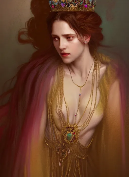 Image similar to ombre velvet gown, lovely queen, portrait, long hair, small crown, dozens of jeweled necklaces, feral languid woman, by greg rutkowski, anato finnstark, alphonse mucha, global illumination, radiant light