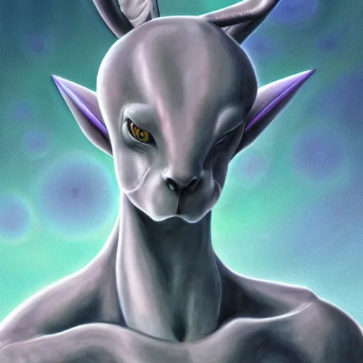 Prompt: a portrait of mewtwo, in the style of wayne barlowe