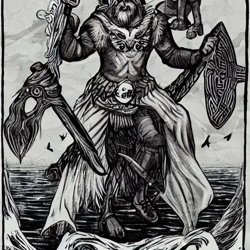 Prompt: odin with huggin and munning on his shoulders walking through the sea of death, followed by the valkyries. he is holding gungir in his right hand