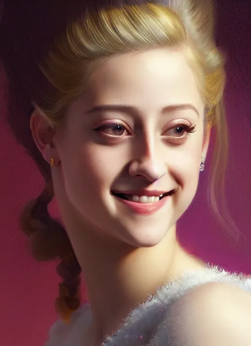 Prompt: portrait of lili reinhart with fluffy bangs, smiling kindly, bangs, 1 9 6 0 s, ponytail, curly bangs and ponytail, intricate, elegant, glowing lights, highly detailed, digital painting, artstation, concept art, smooth, sharp focus, illustration, art by wlop, mars ravelo and greg rutkowski