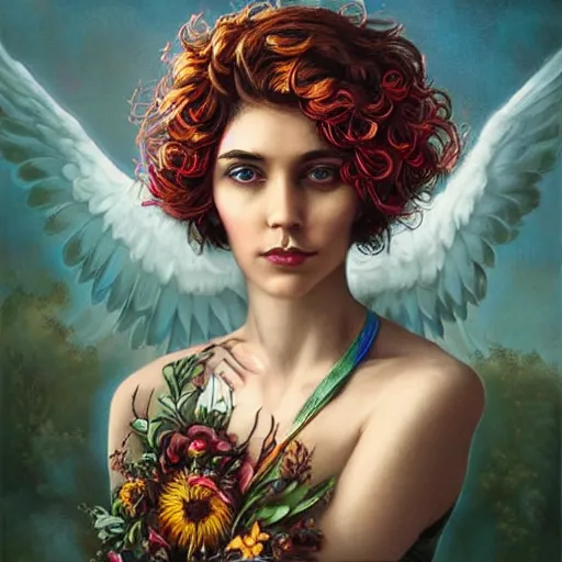 Prompt: Lofi magicpunk portrait beautiful woman with short brown curly hair, roman face, phoenix, rainbow, floral, Tristan Eaton, Stanley Artgerm, Tom Bagshaw