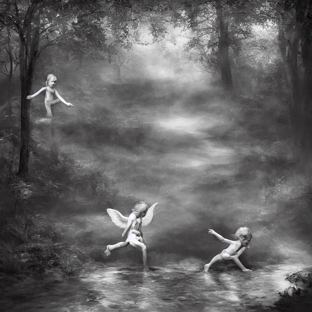 Image similar to an angel stripped of it's wings chasing a child through a creek in the woods, bad dream, hazy memory, volumetric, hyper realistic, octane render, dark black and white in the style of alvin schwartz, epic angles