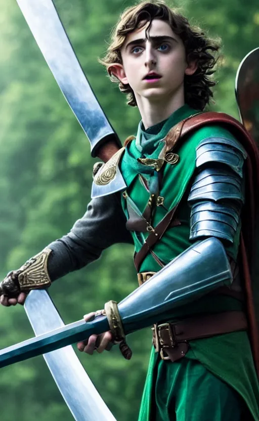Image similar to epic cinemati shot of Timothee Chalamet starring as Link from Legend of Zelda, 8k movie scene, elf ears, long blonde blonde hair, green clothes, blue eyes, ++++++ super super super dynamic action posing, super serious facial expression, holding a sword & shield, ocarina of time movie, concept photos, dynamic lighting, dynamic shaders, night time, in the forest, fairy light above him
