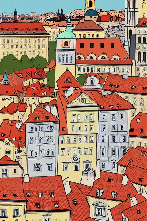 Prompt: prague, illustration, in the style of katinka reinke