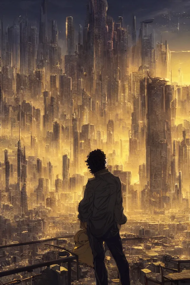 Prompt: a curly - haired persian guy wearing golden shades reflecting a cityscape against a cyberpunk city backdrop by makoto shinkai, masamune shirow and jean giraud