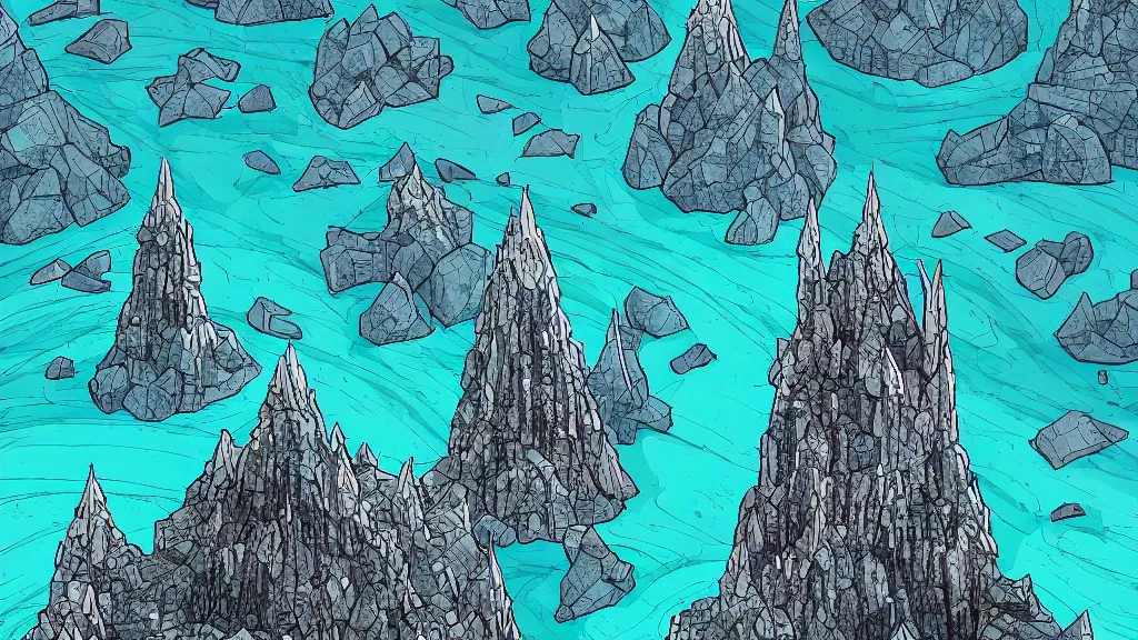 Prompt: Aerial view of a wizard tower surrounded by an ice cave to the west, a fire cave to the east, a emerald mine to the north and a diamond mine to the south, lineart, colored