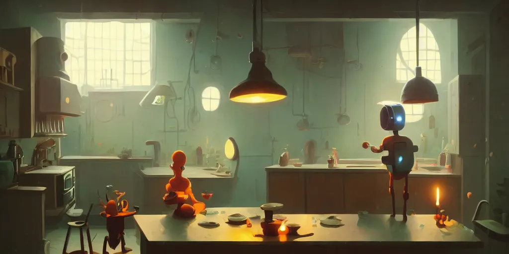 Image similar to cute solitary kitchen dim lit by a candle ripped physique simon stalenhag gerald brom bastien grivet by greg rutkowski game background fisheye lens day of the tentacle