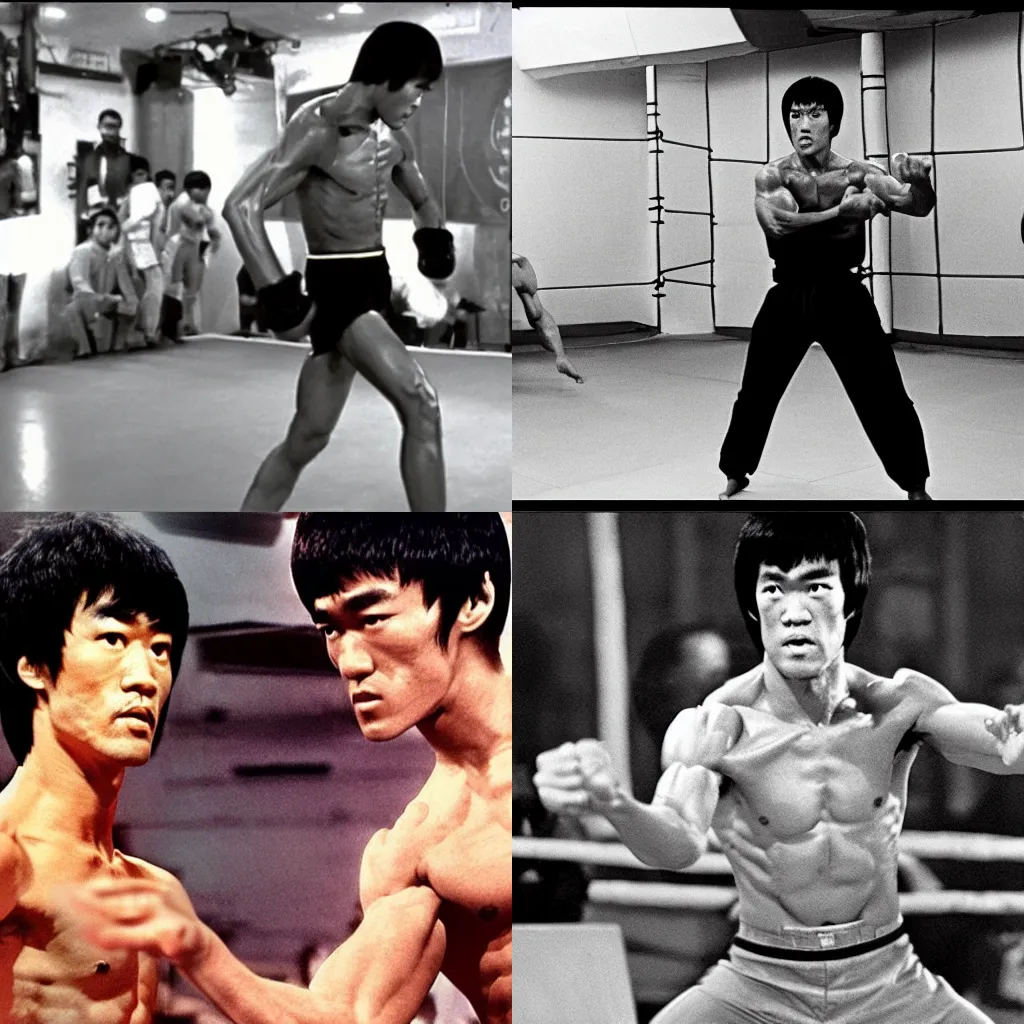 Prompt: bruce lee in the octagon with vladimir putin, uhd, 80s tv bout,