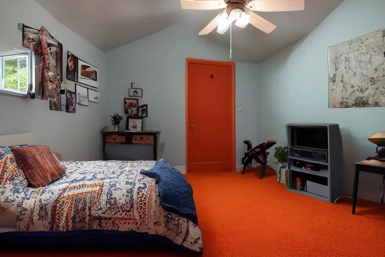 Image similar to a 10 by 11 foot room with a bed, desk, two wooden wardrobes, a little side table in a light wood veneer, a window, desk fan, table light, and an old TV, navy blue low pile carpet, and a ceiling fan gives off a dim orange light