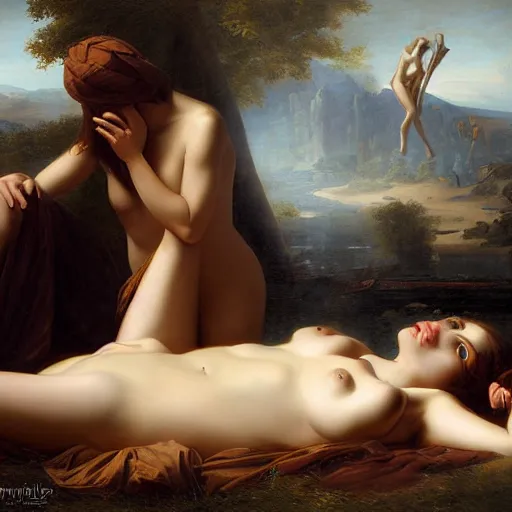 Prompt: oil painting of a beautiful woman mourning the death of a monster by Guillaume Seignac