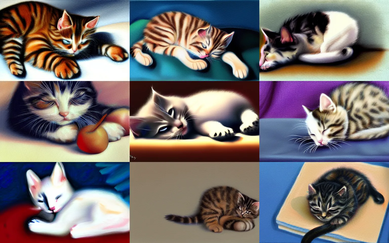 Prompt: still life painting of kitten sleeping, digital painting, realism