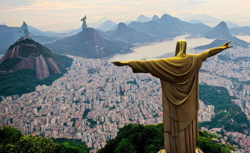 Prompt: photo of the christ the redeemer statue above rio, holding an immense fish between his arms