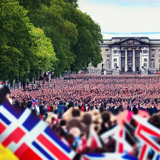 Image similar to a picture of buckingham palace very very very accurate with a gigantic crowd of protestors on the street, the sky is blue and everyone is holding russian flags or posters with prince andrew's face wide shot hyperrealistic photography 7 0 mm