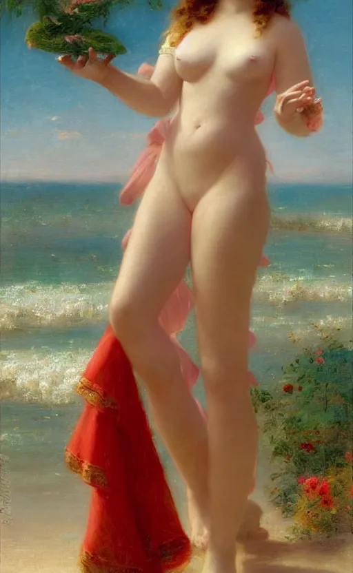 Prompt: donald trump as a beautiful girl at the summer beach by raphael lacoste and pierre auguste cot and delphin enjolras and daniel f. gerhartz