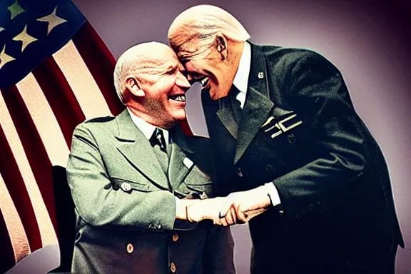 Image similar to “ very very intricate photorealistic photo of hitler and joe biden laughing together, detailed natural lighting, award - winning crisp details ”