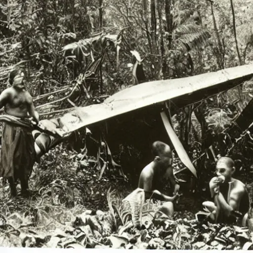 Prompt: a vintage photograph of a tribe living in a crashed airplane in a dense jungle