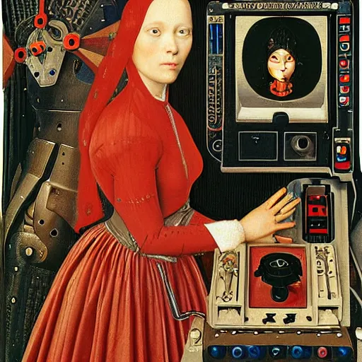 Image similar to a portrait of cyborg princess jacked into a man-machine interface by Jan van Eyck