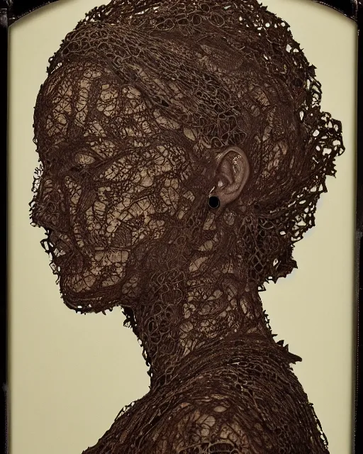 Image similar to a woman's face in profile, made of intricate lace leaves, in the style of the dutch masters and gregory crewdson, dark and moody