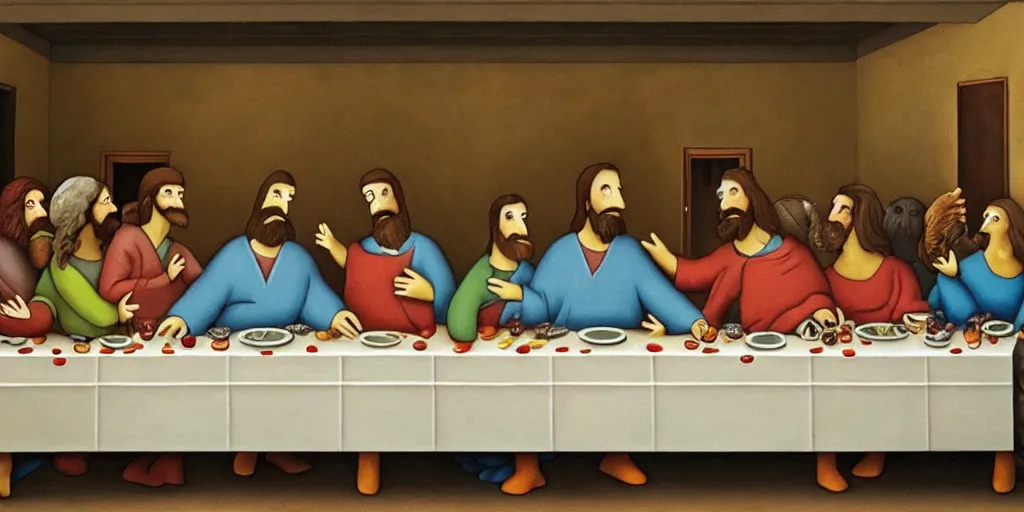 Prompt: last supper styled as simpsons, art, trending in artsation, winning award painting, oleo style,