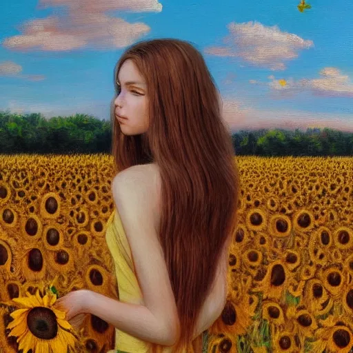 Image similar to a girl in amazing tall sunflower field, her hair flowing down, subtle, intricate details, real masterpiece, surreal, oil on canvas, by somsak anong