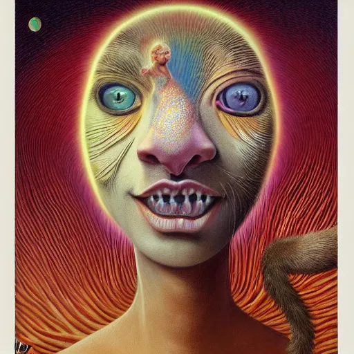 Image similar to a cat having an ego trip, by alex grey, by Esao Andrews and Karol Bak and Zdzislaw Beksinski and Zdzisław Beksiński, trending on ArtStation