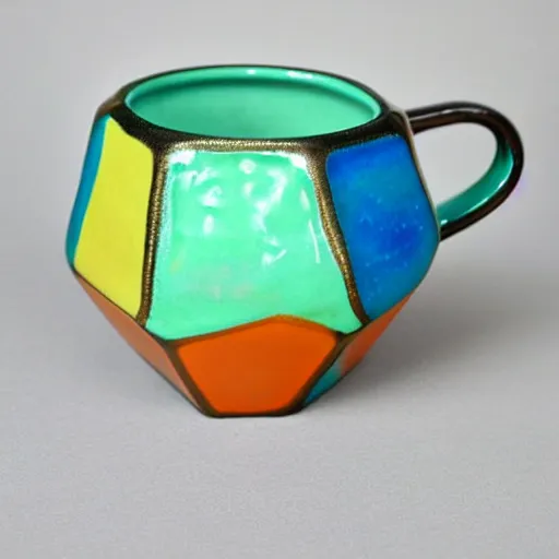 Image similar to brightly colored geodesic ceramic mug with iridescent glaze