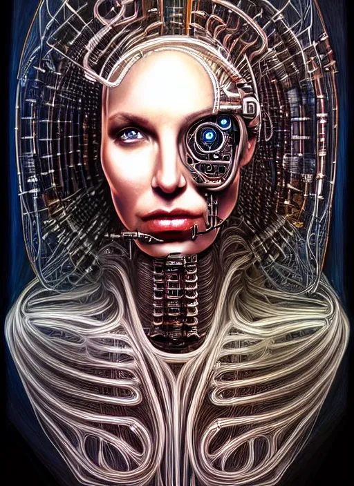 Prompt: biopunk cyborg portrait by julie bell, intricate biopunk patterns, vacuum tubes, detailed!, very sharp!!!