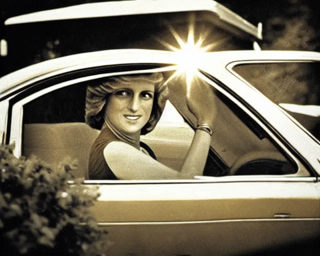 Prompt: sepia-toned vintage photograph of princess diana in an old Subaru, lens flare