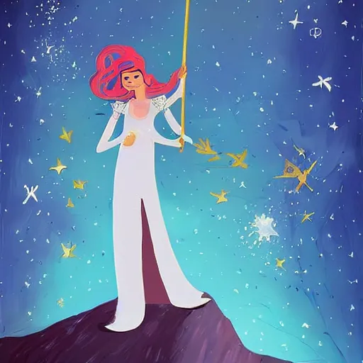 Image similar to The painting features a woman with wings made of stars, surrounded by a blue and white night sky. The woman is holding a staff in one hand, and a star in the other. She is wearing a billowing white dress, and her hair is blowing in the wind. Dexter's Lab by Anton Fadeev manmade