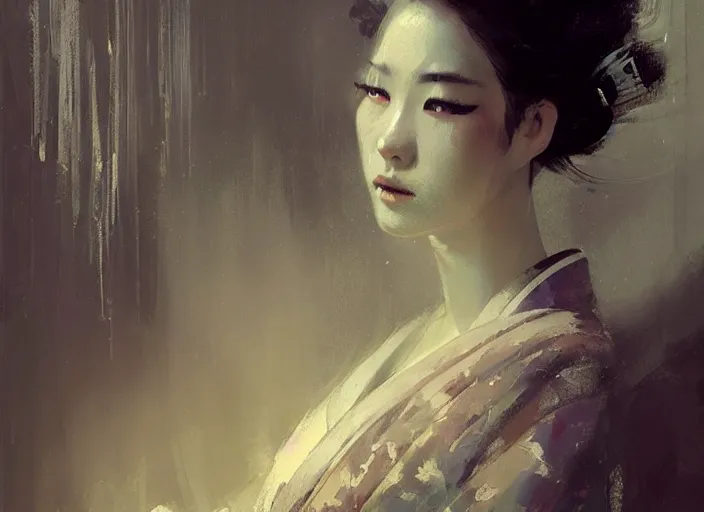 Image similar to female geisha girl, beautiful face, intricate outfit, spotlight, by greg rutkowski, by jeremy mann, digital painting