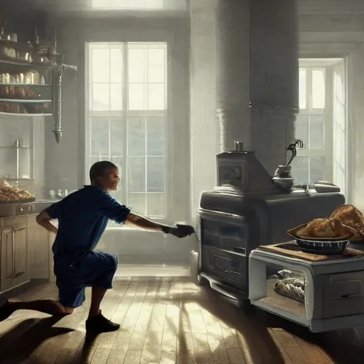 Prompt: a physical therapist baking a pie in the oven, volumetric lighting, 8 k octane beautifully detailed render, post - processing, extremely hyper - detailed, intricate, epic composition, cinematic lighting, masterpiece, trending on artstation, detailed detailed detailed, masterpiece, stunning art by anders zorn, wonderful masterpiece by greg rutkowski, beautiful cinematic light,