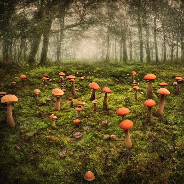 Image similar to a planet of various fungus, mushrooms, flowers and plants, inside the picture is infinity, Atmospheric, artistic photography, conceptual, long exposure outside the city, volumetric light