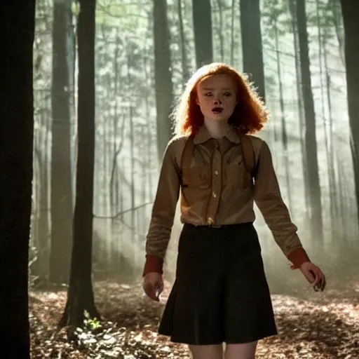 Prompt: Sadie Sink (Maxine Mayfield) for Stranger Things holding a gun and running in a forest, dramatic lighting, cinematic, establishing shot, extremely high detail, photo realistic, cinematic lighting