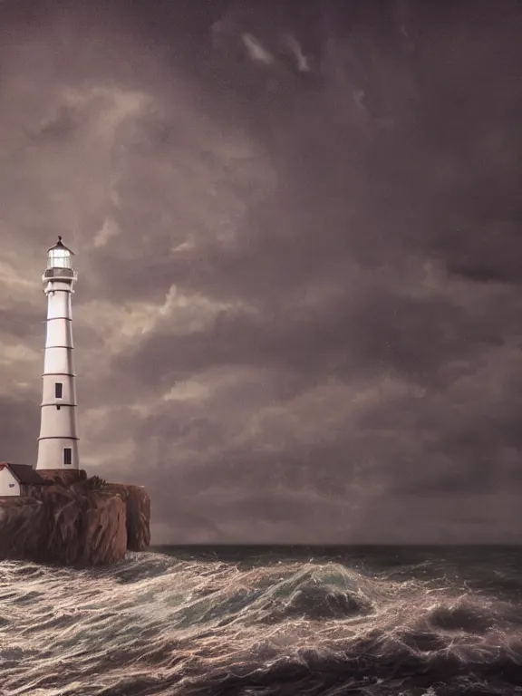 Image similar to photo of 8k ultra realistic lighthouse on island, heavy rain, ,lightning storm, boat lights in distance, night, light shining, heavy seas, full of colour, cinematic lighting, battered, trending on artstation, 4k, hyperrealistic, focused, extreme details,unreal engine 5, cinematic, masterpiece, art by studio ghibli