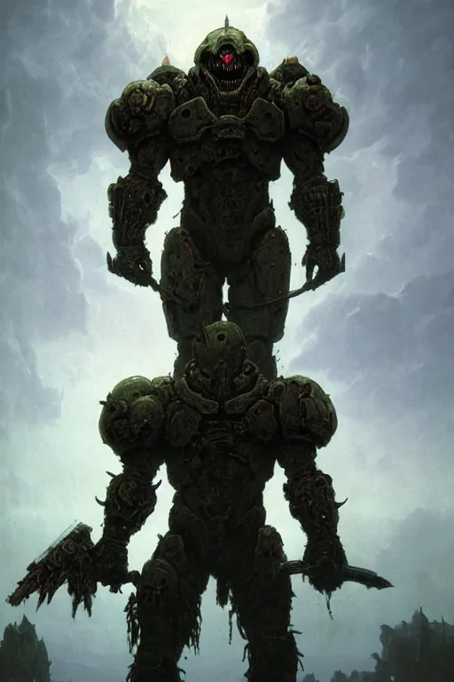 Prompt: portrait of doom slayer wearing his armor standing on top of a pile of demon corpses, heroic pose, by Zdzislaw Beksinski, id software, gothic, amazing details, volumetric lighting, 8k, cold hue's, warm tone gradient background