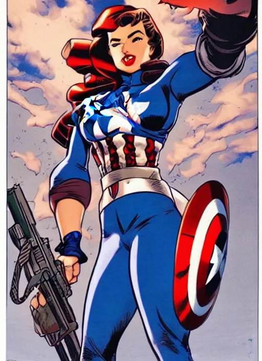 Image similar to syrian female captain america. feminist captain america wins wwii. american wwii propaganda poster by masamune shirow, rob liefeld and pixar. gorgeous face. pin up model. overwatch.