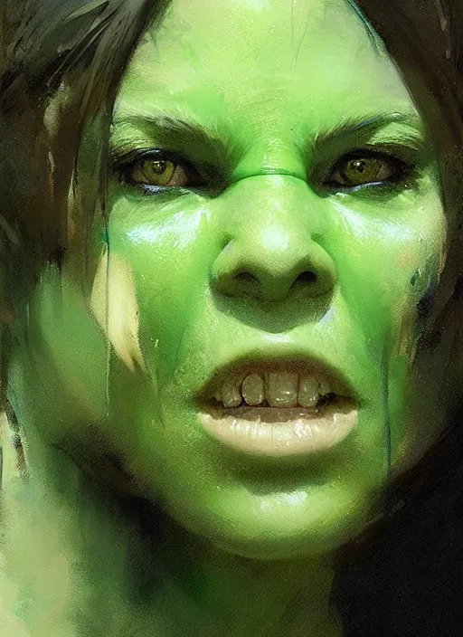 Image similar to green orc female, light green tone beautiful face by jeremy mann, greg rutkowski