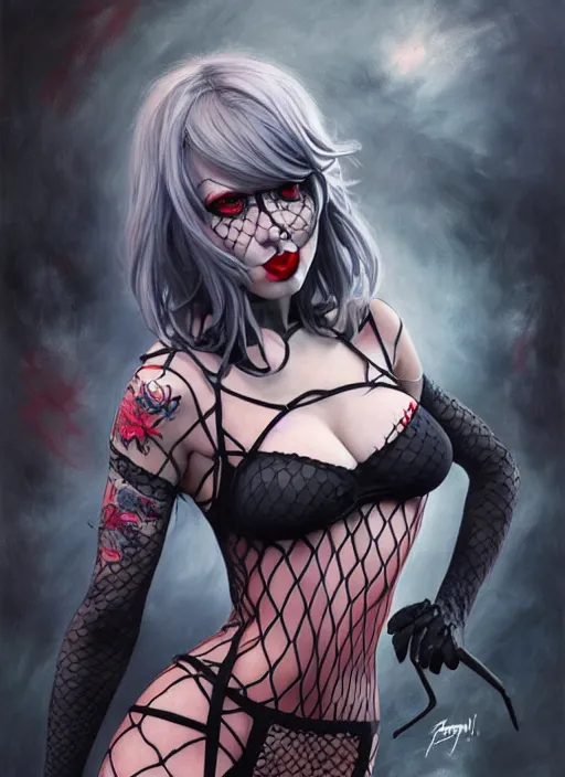 Prompt: cosplay goth female, fishnet, worksafe, light gray eyes, red lips, black hair, body fully covered with tattoos, fishnet clothes, beautiful detailed face, paint by artgerm and magali villeneuve, rich deep colors. wlop painting, part by tian zi and gerhard richter. art by magali villeneuve. masterpiece