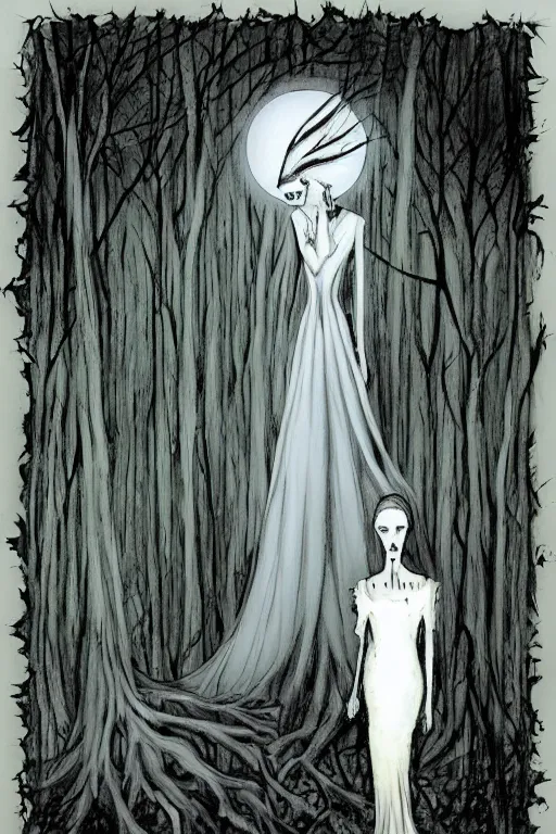 Image similar to a ghostly apparition of a girl in white dress haunting the dark forest artwork by ben templesmith