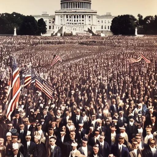 Prompt: a large group of people holding flags in front of the U.S. Capitol, a colorized photo by James Montgomery Flagg, unsplash contest winner, viennese actionism, associated press photo, american propaganda, 1920s