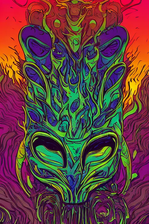 Image similar to animal mask totem roots tribal feather gemstone plant wood rock shaman vodoo video game vector illustration vivid multicolor borderlands comics by josan gonzales and dan mumford radiating a glowing aura