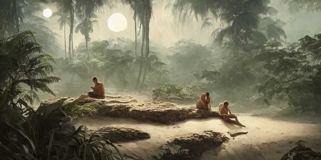 Prompt: jungle in the sands sleeping unbroken dreams under the ivory light of two moons, Darek Zabrocki, Marcin Rubinkowski, Lorenzo Lanfranconi, Karlkka, trending on Artstation, 8K