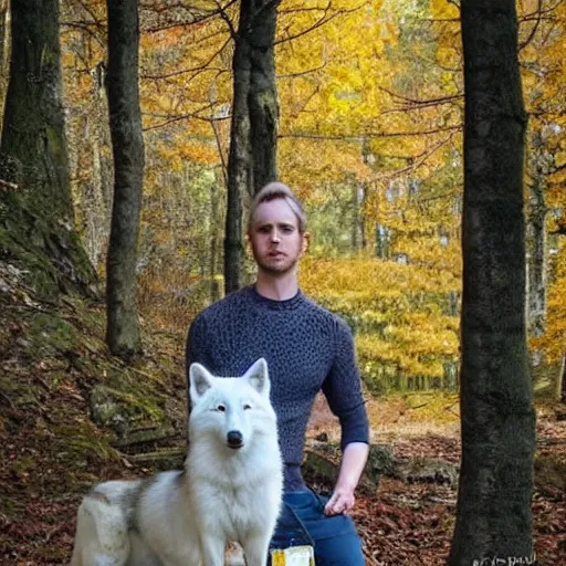 Prompt: white wolf with blue eyes, in the autumn forest, realistic, 8 к, fullbody photo