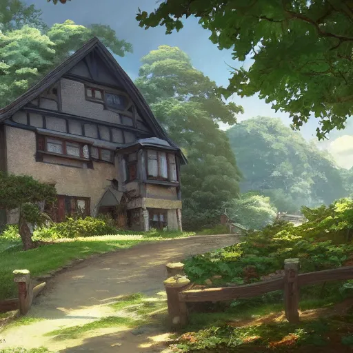 Image similar to concept art painting of an english european cottage with japanese architecture, in the woods, cozy, realistic, detailed, cel shaded, in the style of makoto shinkai and greg rutkowski and james gurney